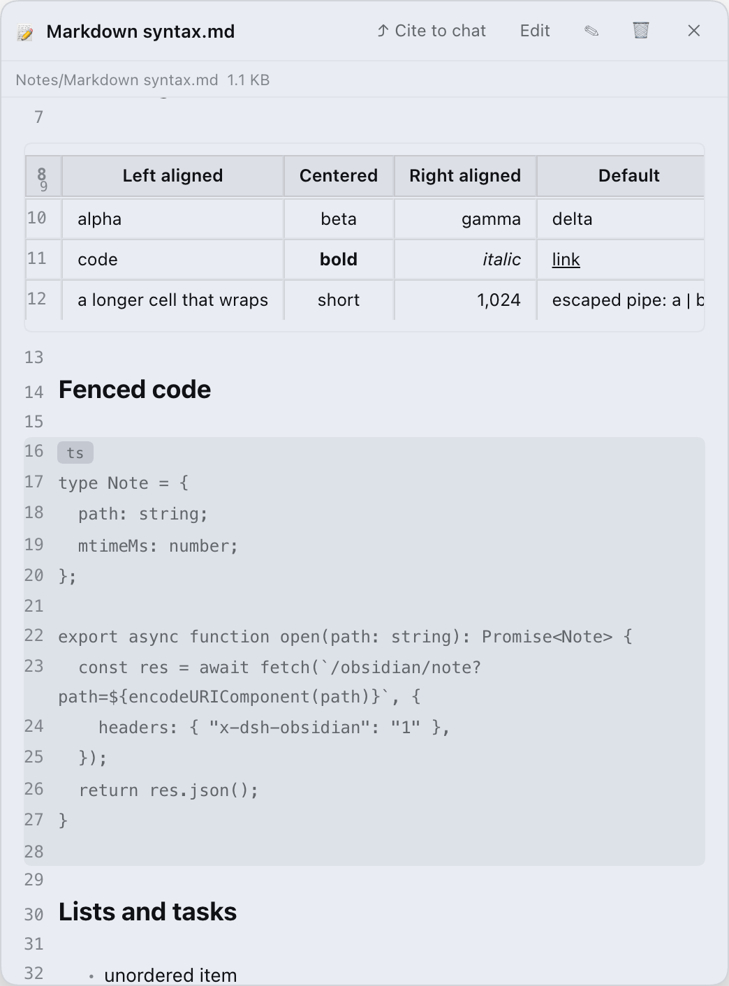 Table with column alignment and a TypeScript code fence