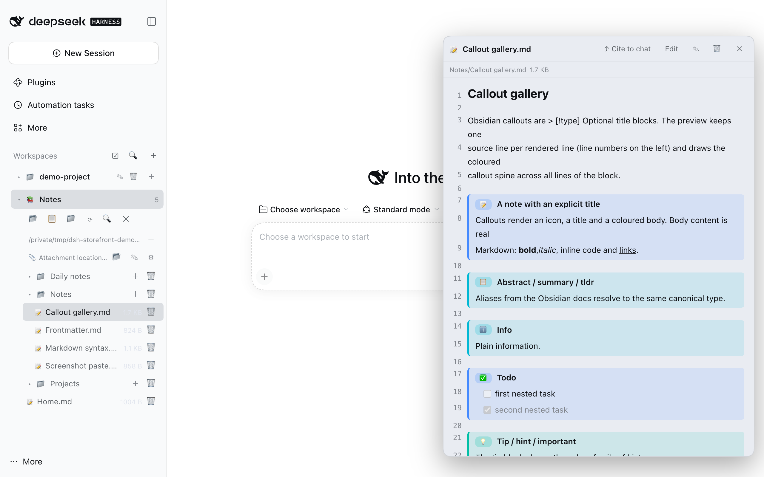 Sidebar notes tree with the preview dock open