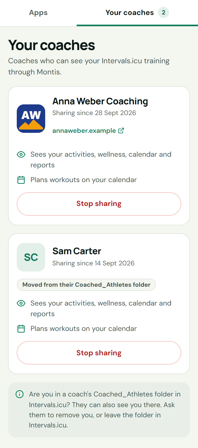 The Your coaches tab in the athlete's hub