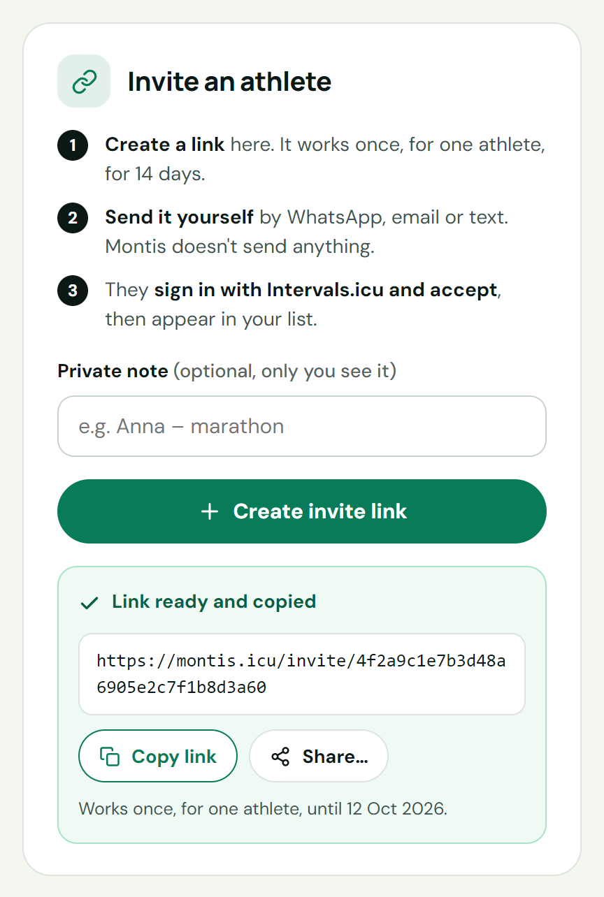 Link ready and copied, with Copy link and Share buttons