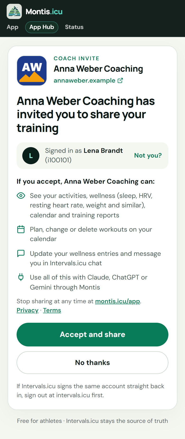 The invite page after signing in, with Accept and share