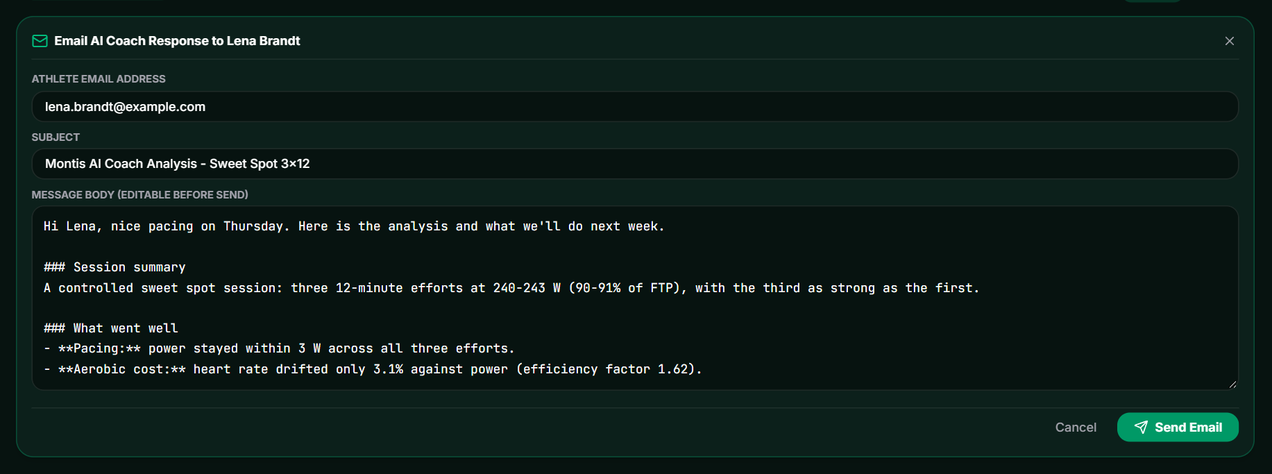 The email composer with the athlete's address, subject and message
