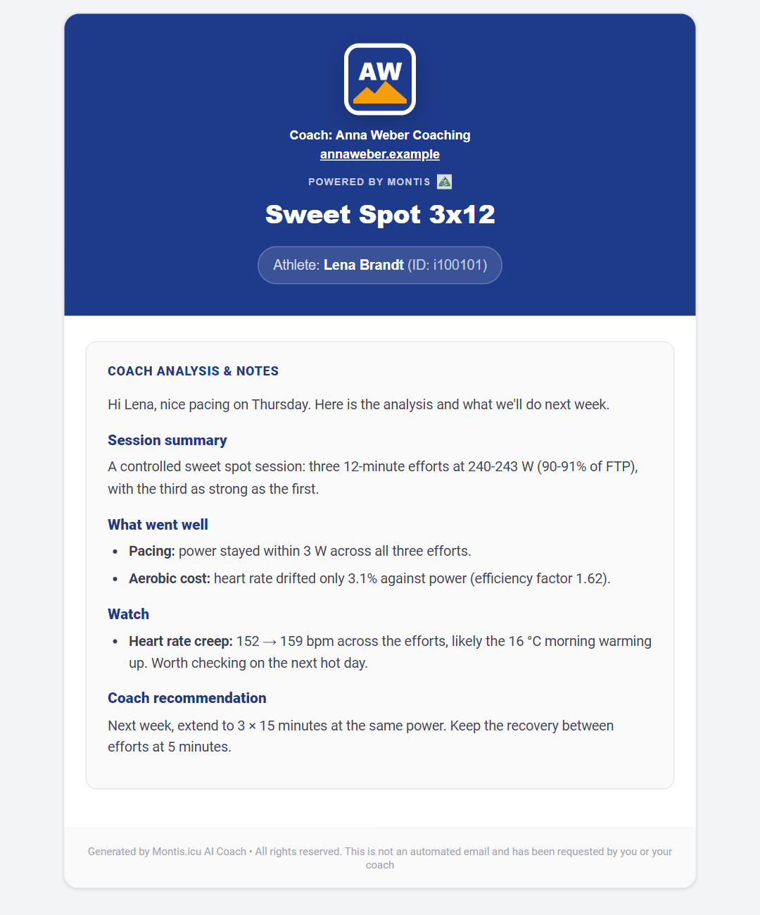 The analysis email as the athlete sees it