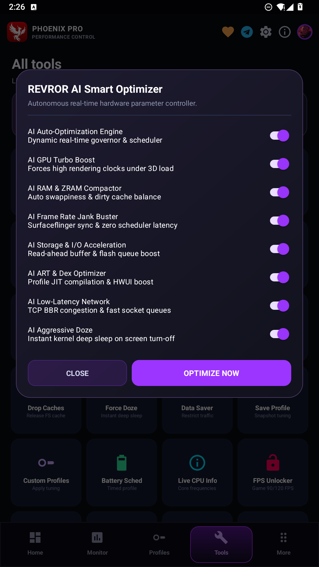 REVROR AI Smart Optimizer panel showing system performance tuning switches and Optimize Now button