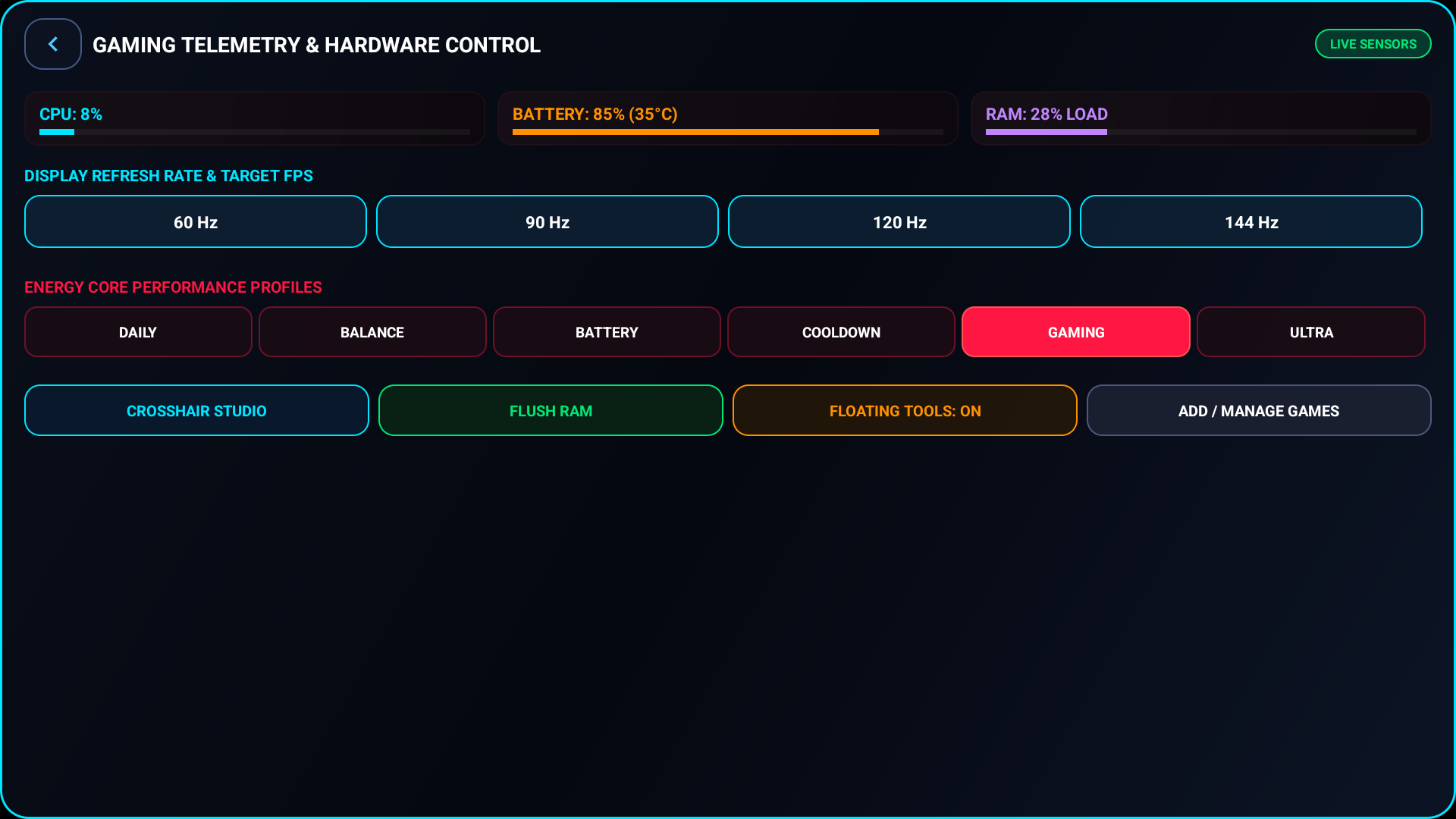 ROR Game Space telemetry control page with refresh rate selections, energy profiles and game library management