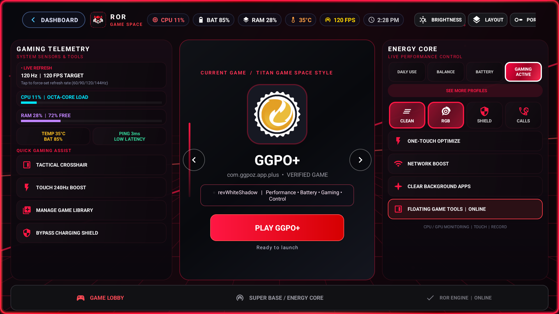 ROR Game Space landscape gaming launcher with game carousel, CPU and RAM telemetry, and game launch button