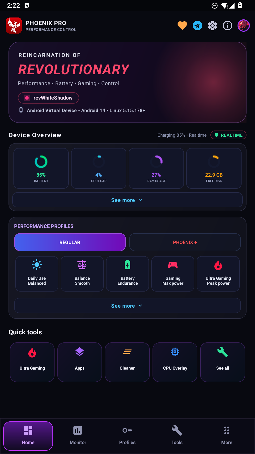 ROR Android game launcher home dashboard showing device overview, gaming profiles and quick tools