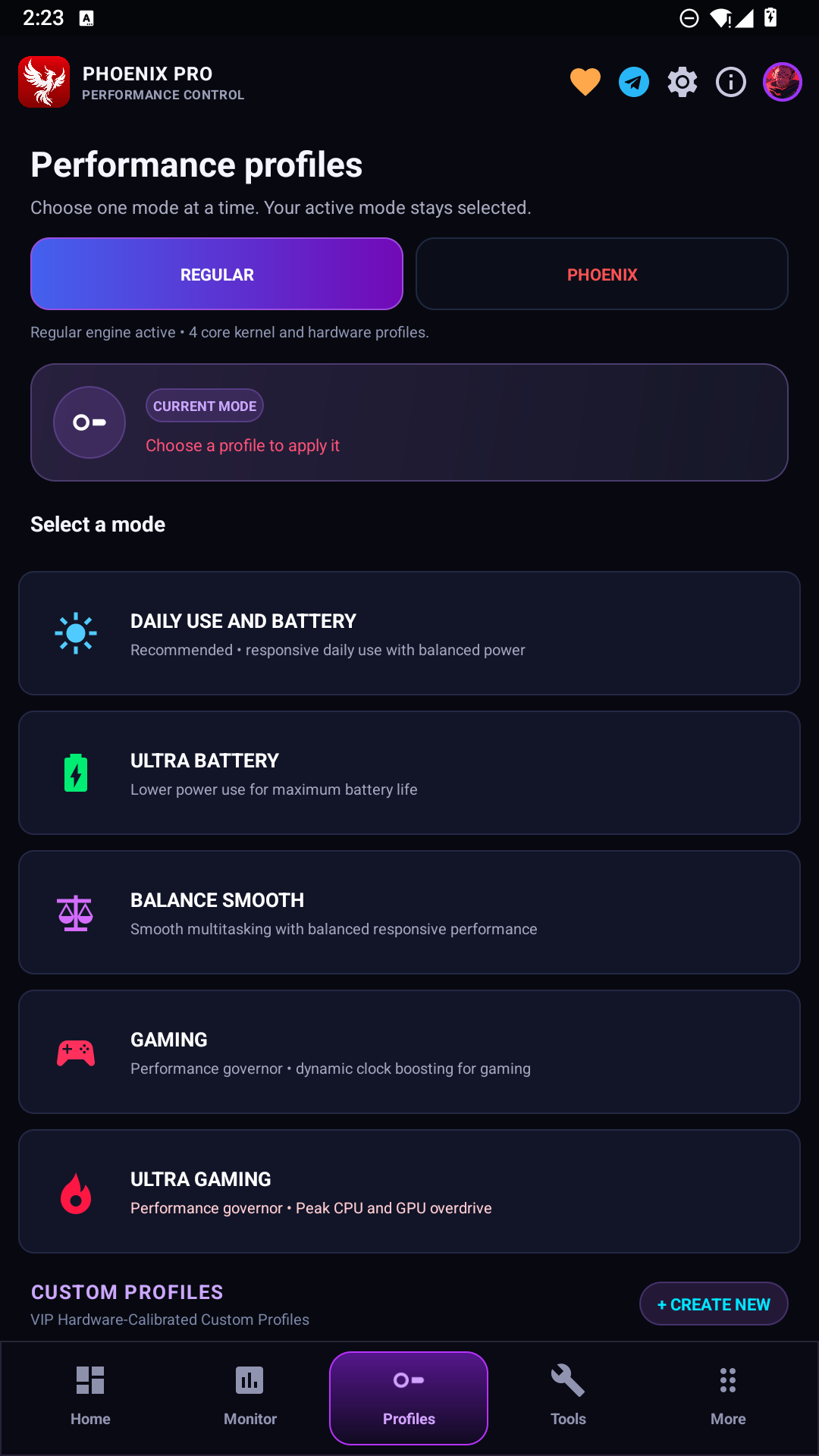 ROR performance profile menu with Daily Use, Ultra Battery, Balance Smooth, Gaming and Ultra Gaming modes