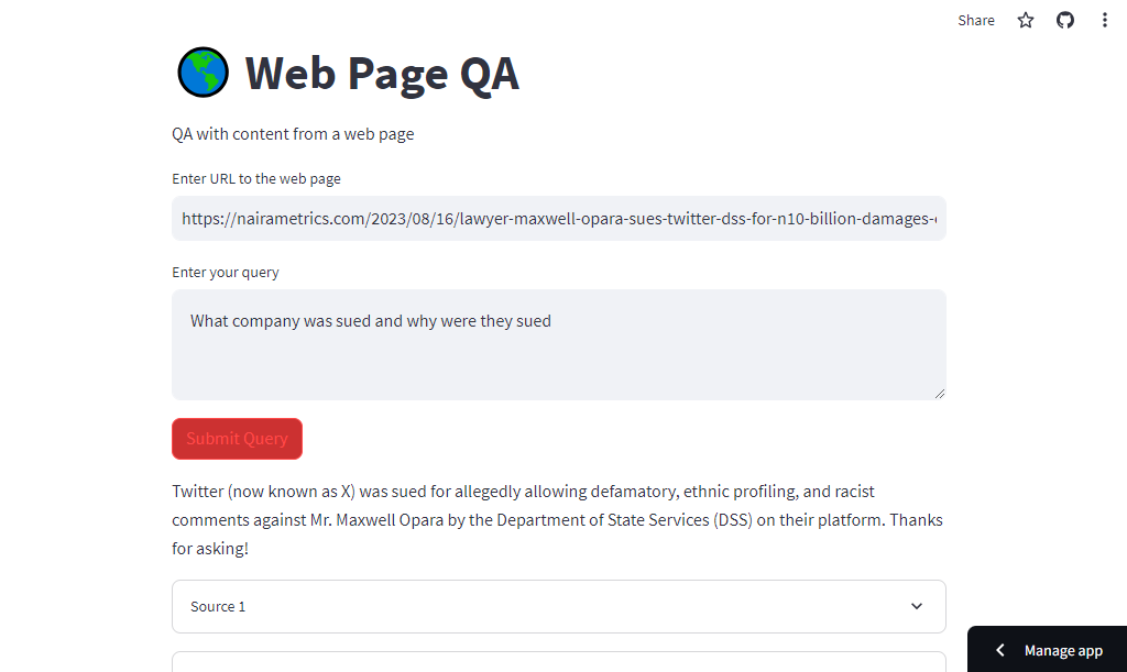 Web Page QA App Example Screenshot