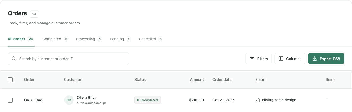 Captured demo states: all orders, Processing filter, all orders again, then a search for Lana