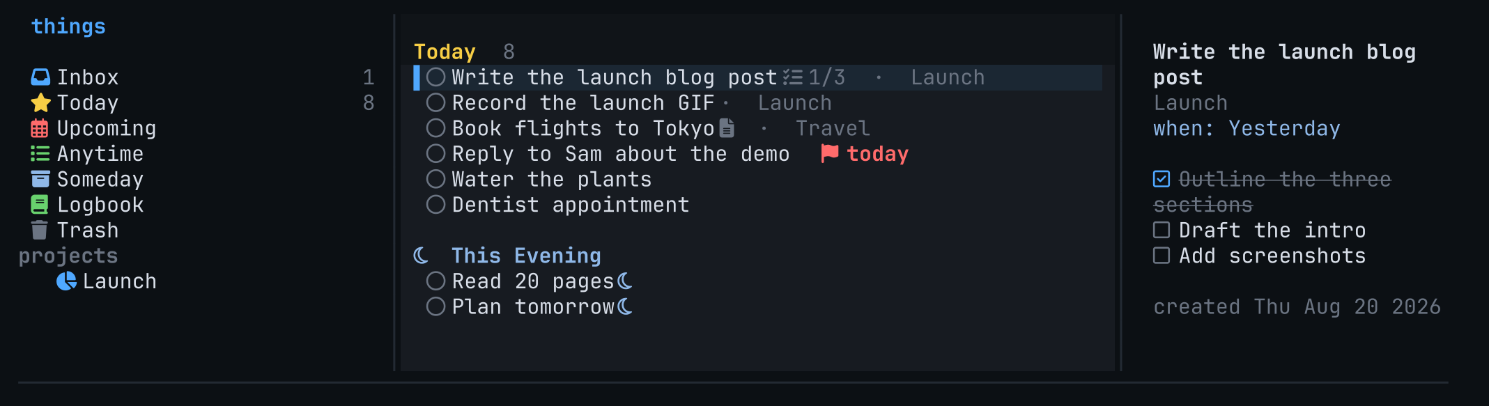 things-tui: the Today view with the sidebar and task detail pane