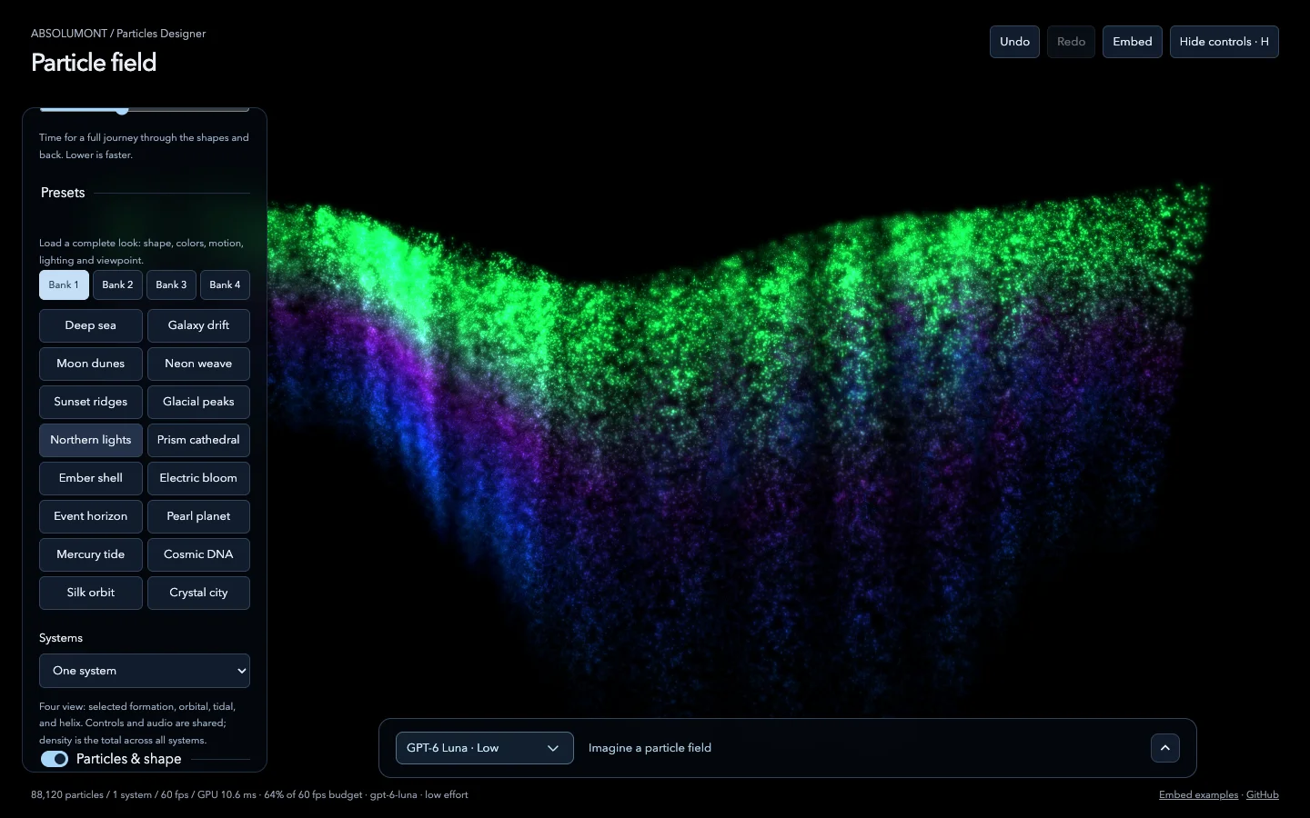 The Designer: preset banks, shapes, controls and the AI prompt bar