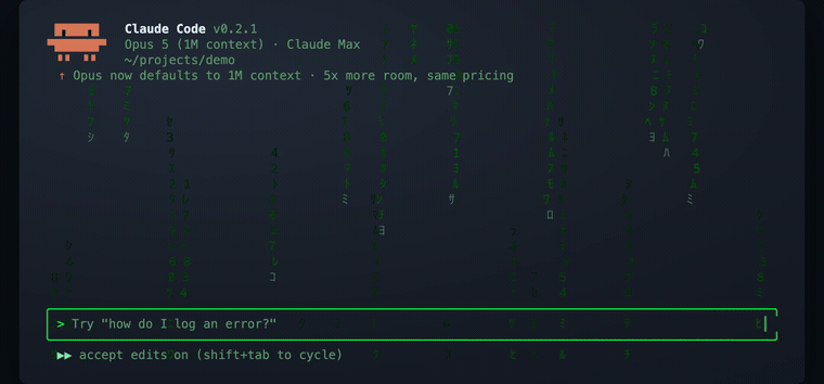 A terminal session: matrix rain runs behind the prompt, /theme opens the picker, Create your own takes a description — winter vibe, snowfall and a snowman — and the finished theme paints snow behind the conversation