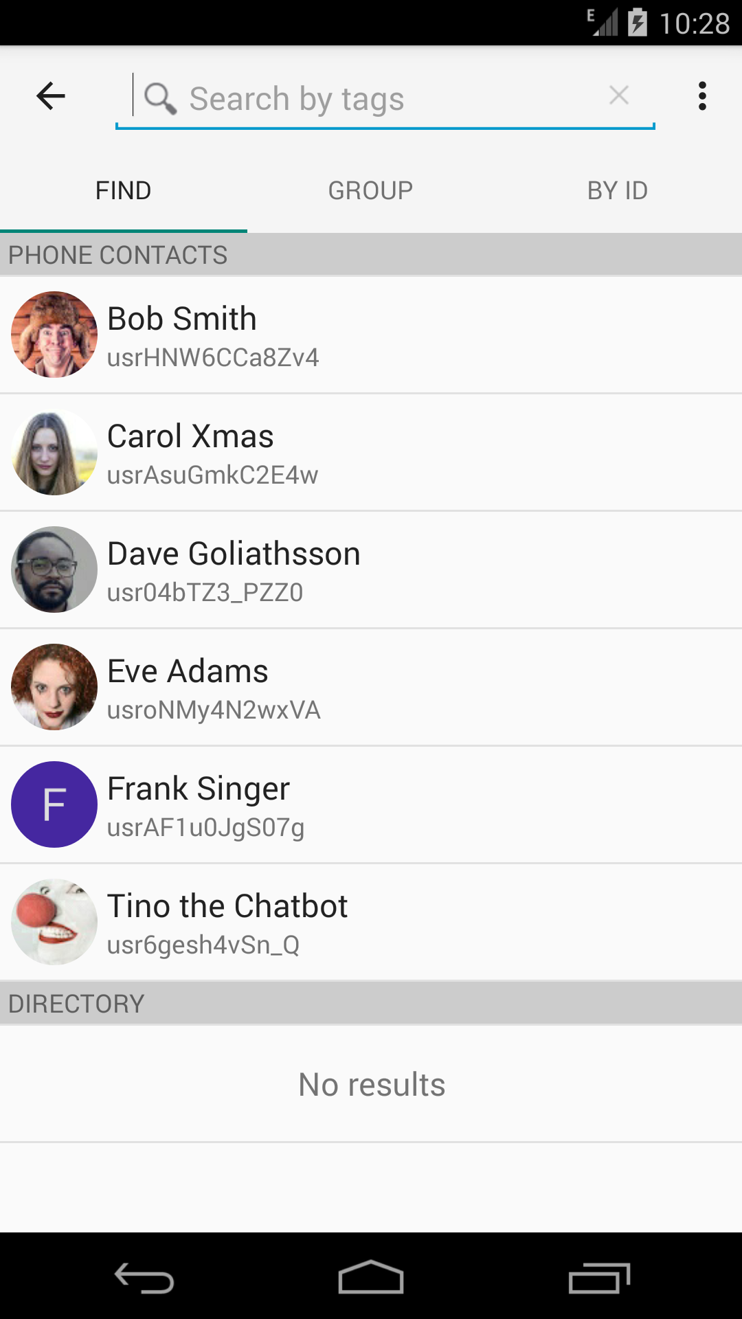 App screenshot - searching for contacts