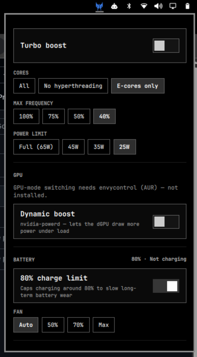 CPU, GPU, battery, and fan controls
