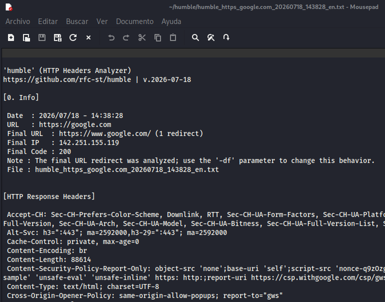 Full analysis of https://google.com, including HTTP response headers
