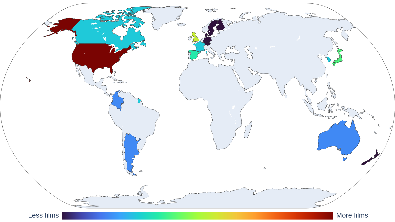 Frequency of films by country choropleth map