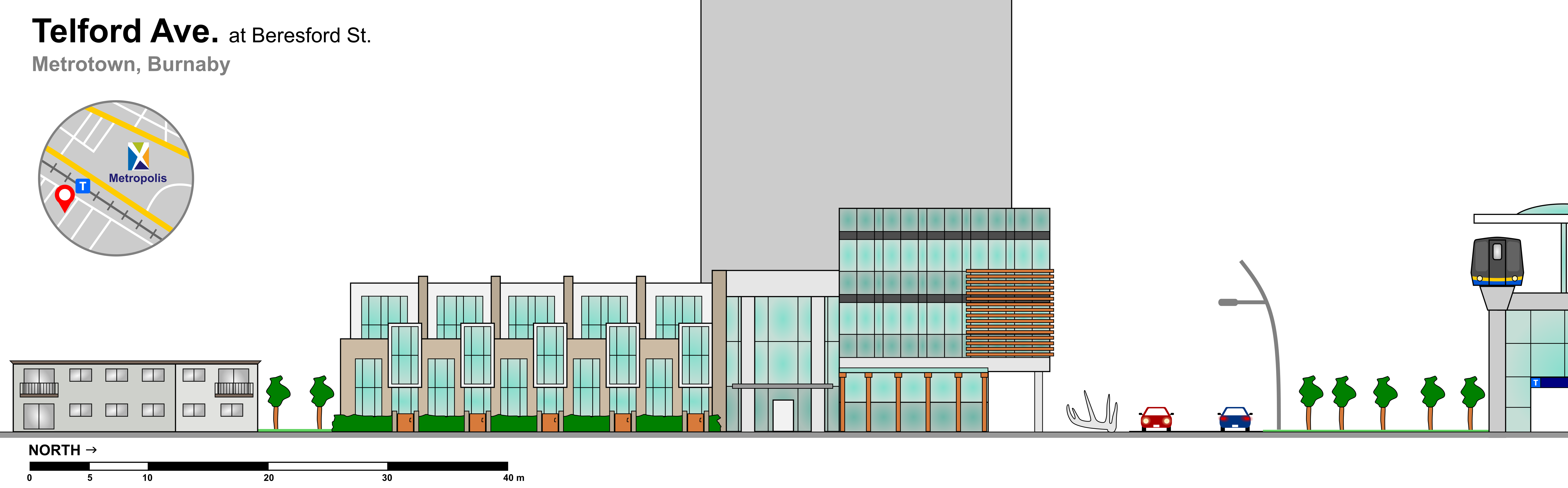 Cross-section of Metrotown, Burnaby at Telford Avenue and Beresford Street