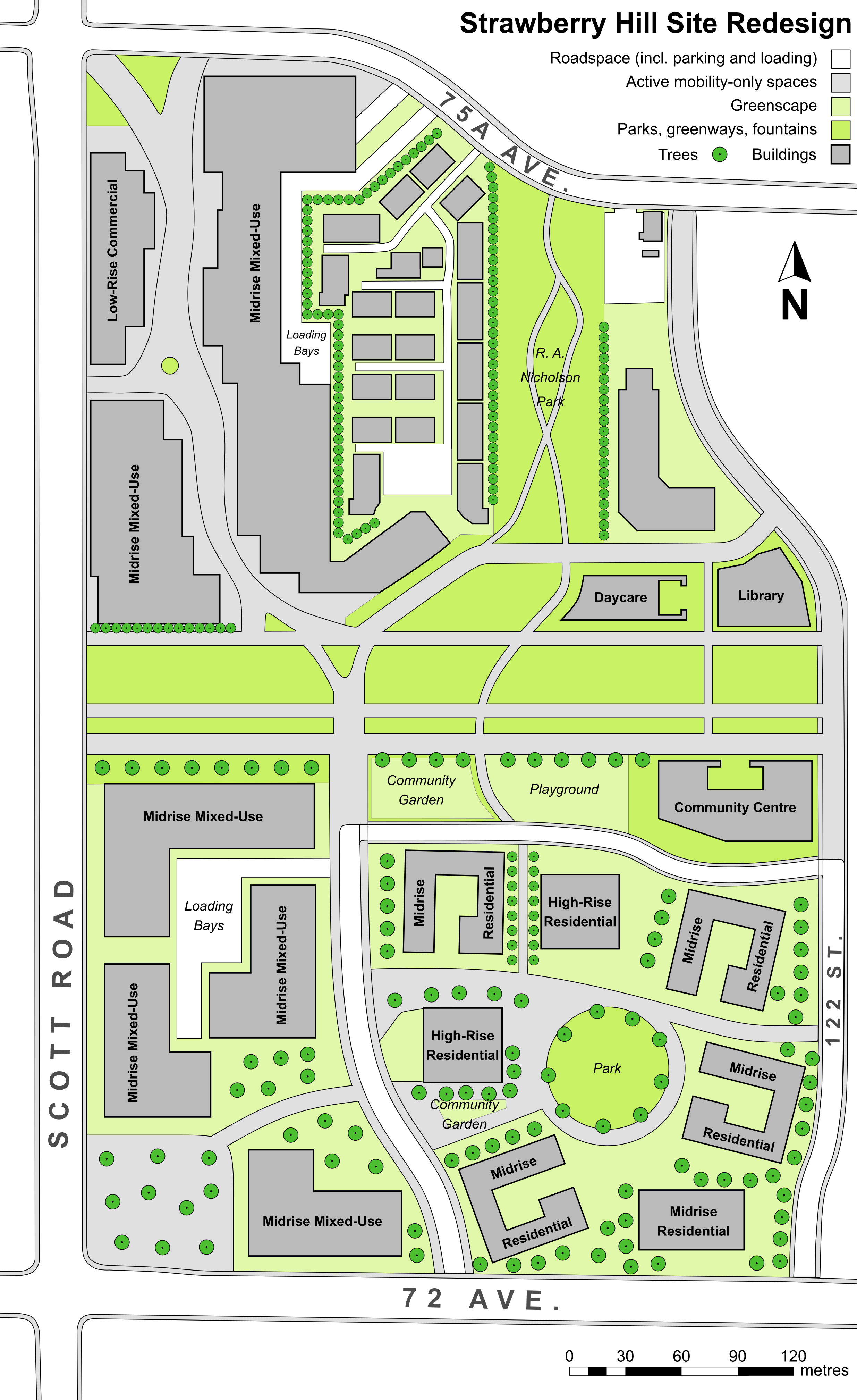 Site plan of conceptual re-envisioning of Strawberry Hill Shopping Centre site in Surrey