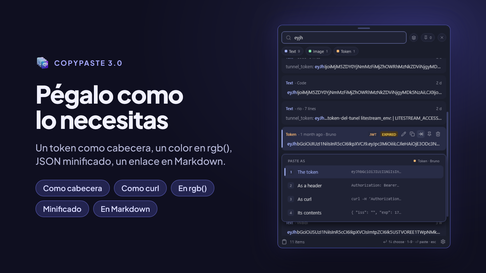 El menú Pegar como sobre un token