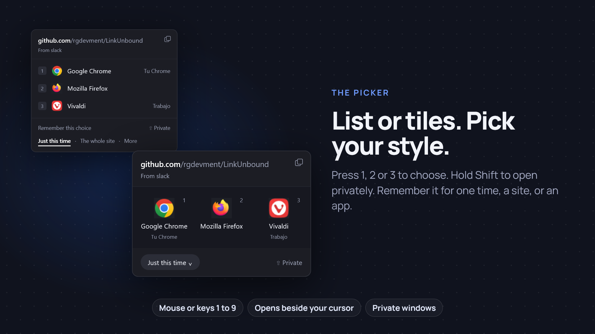 The picker in its two looks, a list and a sheet of tiles, for a GitHub link that came from Slack