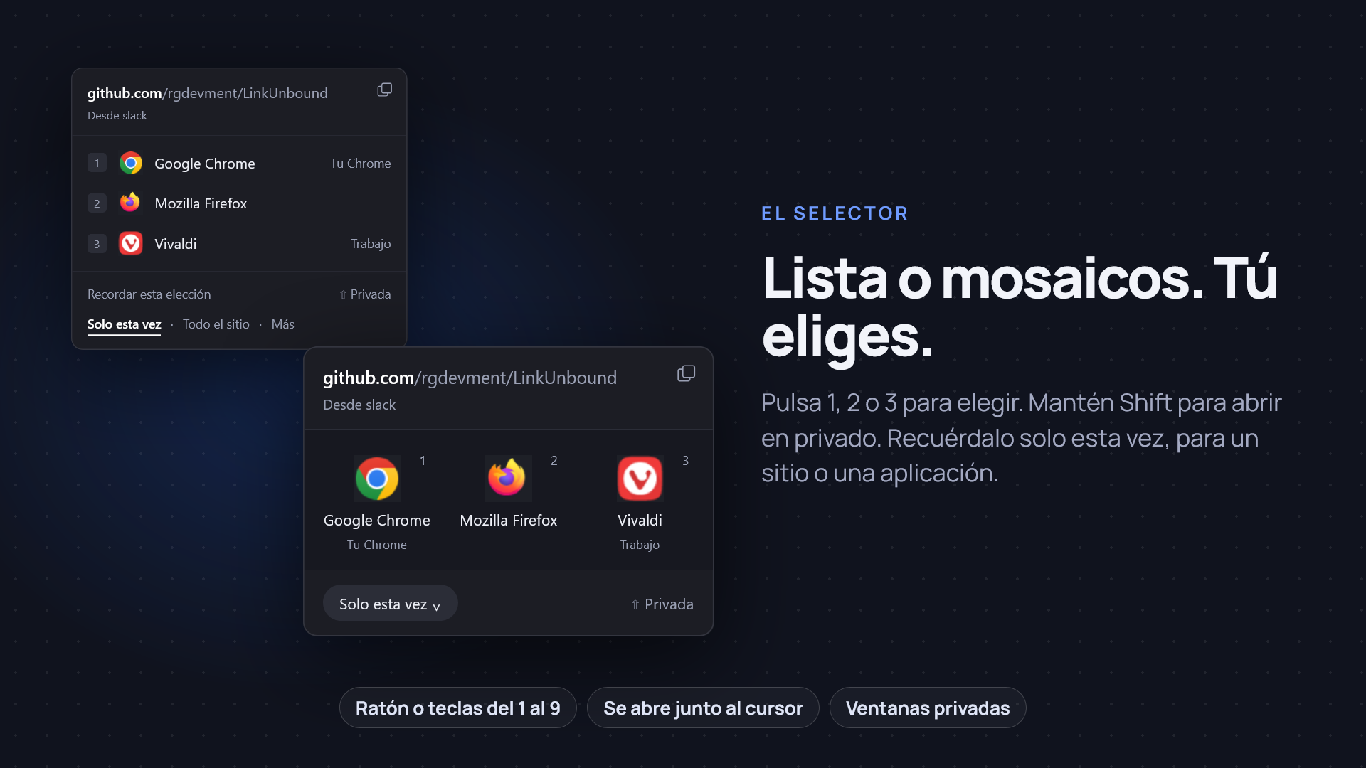 El selector en sus dos aspectos, una lista y un mosaico, para un enlace de GitHub que llegó desde Slack