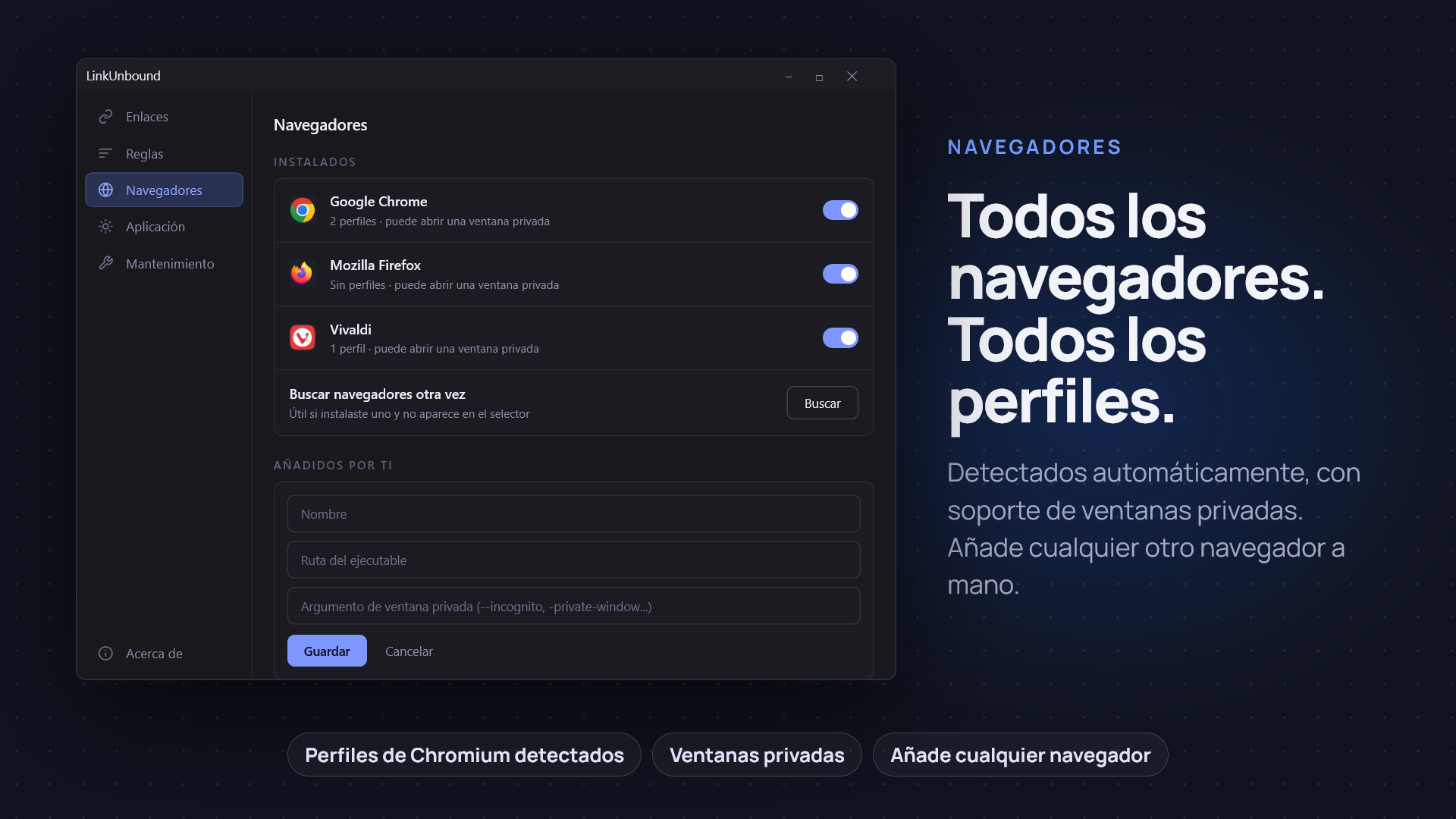 La página Navegadores: Chrome, Firefox y Vivaldi detectados con sus perfiles, y el formulario para agregar uno a mano
