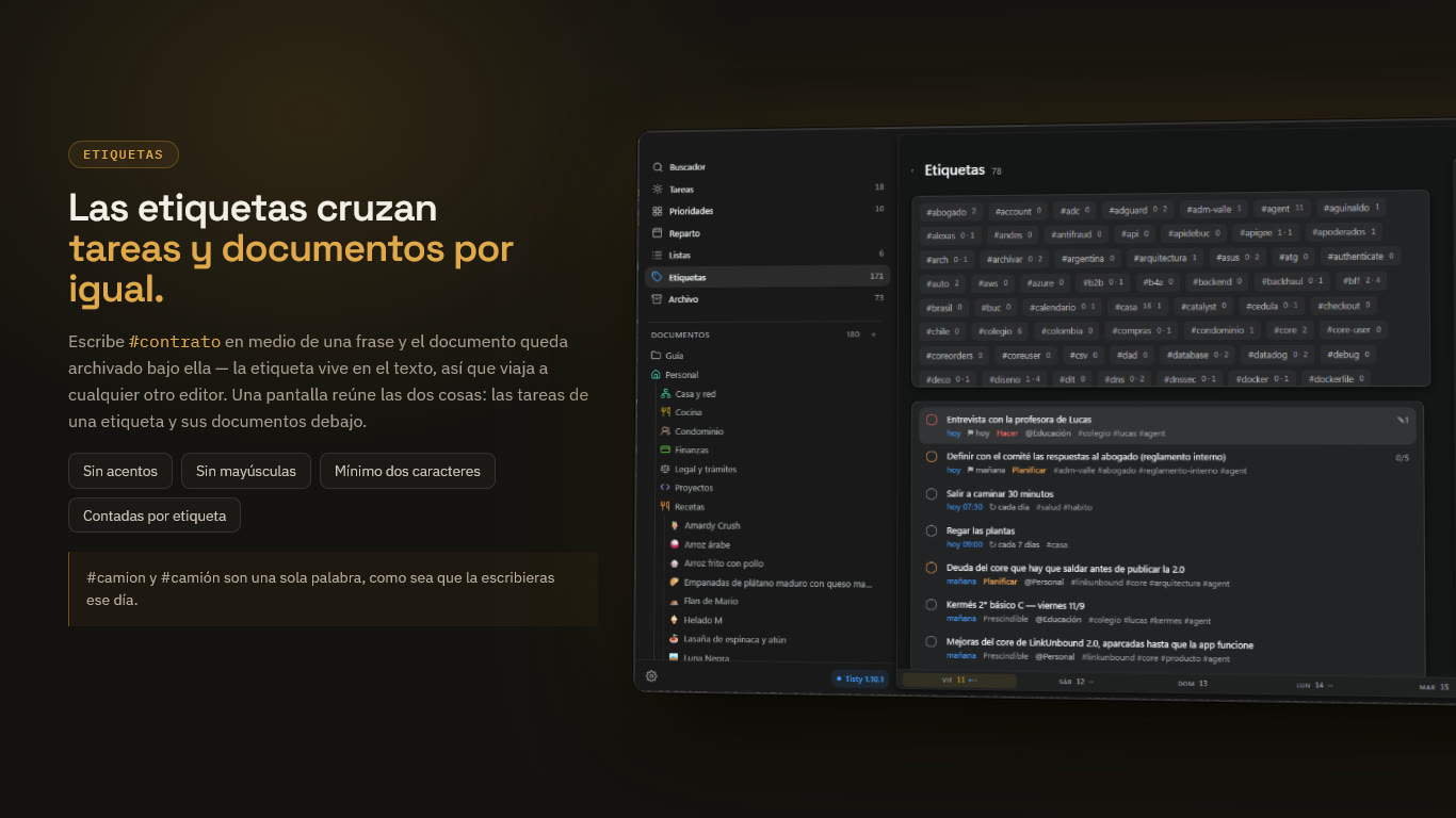 Etiquetas que cruzan tareas y documentos