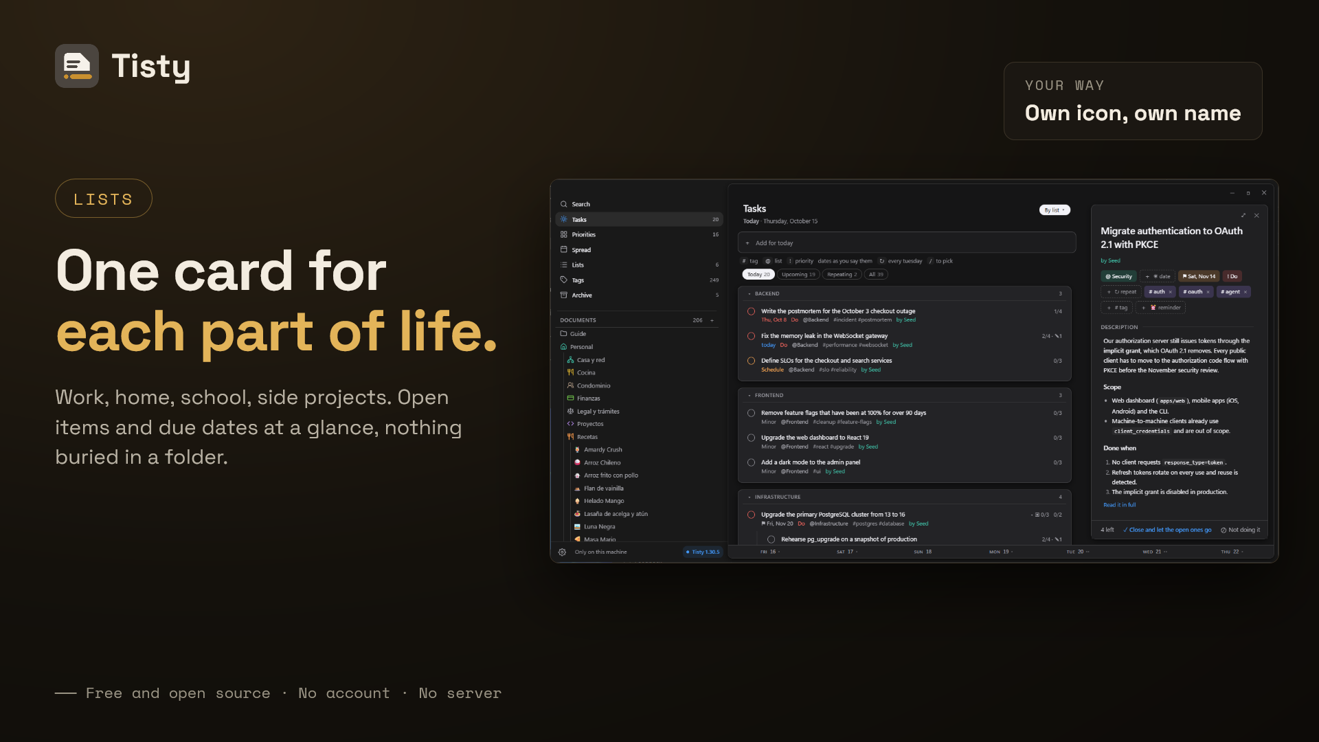 One card for each part of life: tasks grouped by list, each with its own icon and name, beside the task that is open