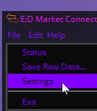 An image of a menu entry marked "Settings" inside ED Market Connector's main "File" menu