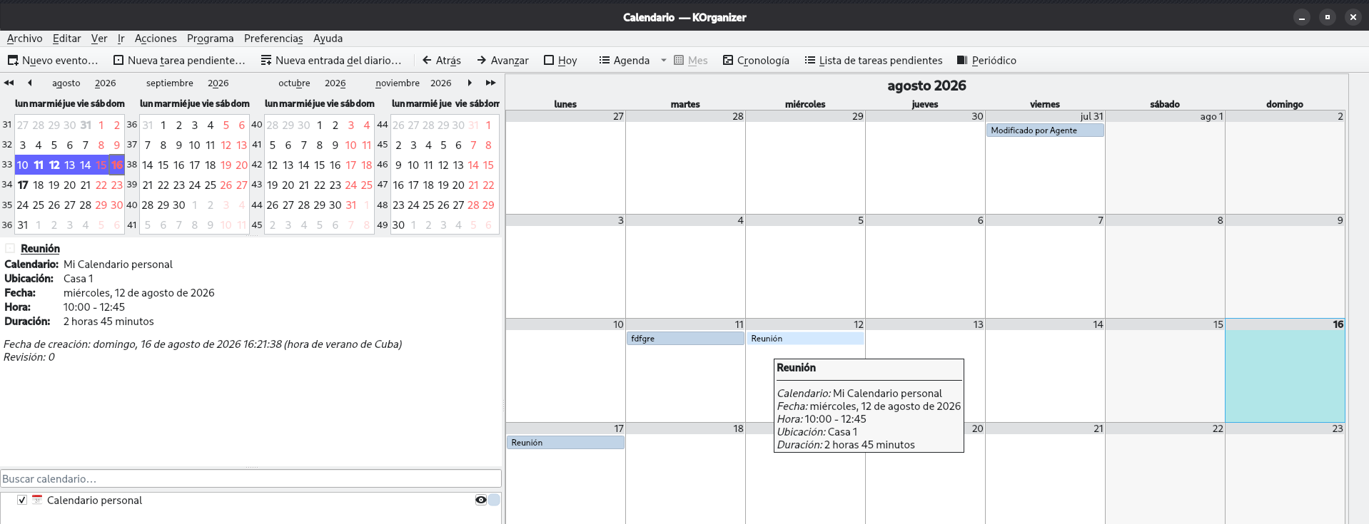 Captura de Ejemplo visual en el calendario KOrganizer