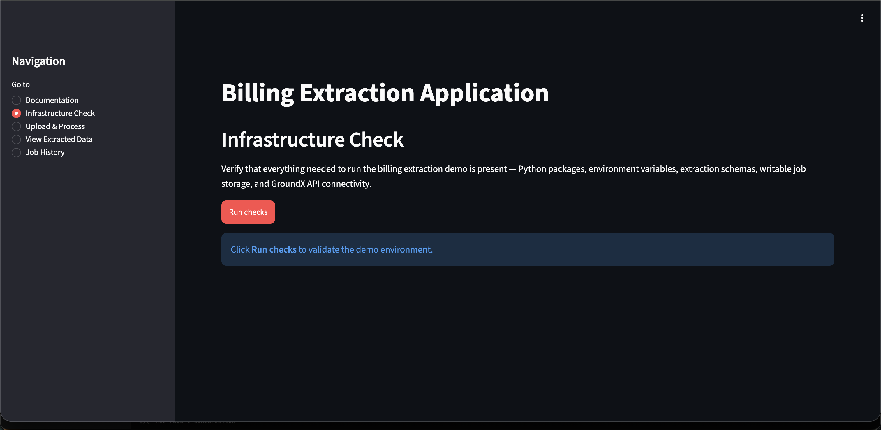 Infrastructure Check in the billing extraction UI