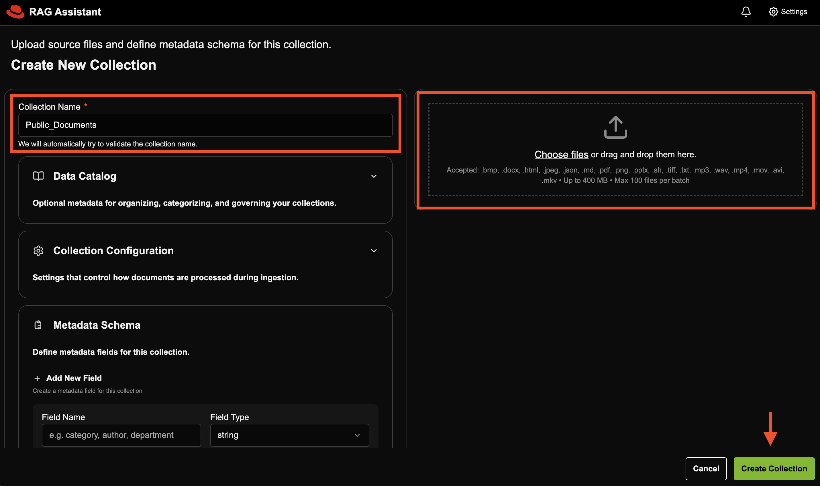 Create new collection page