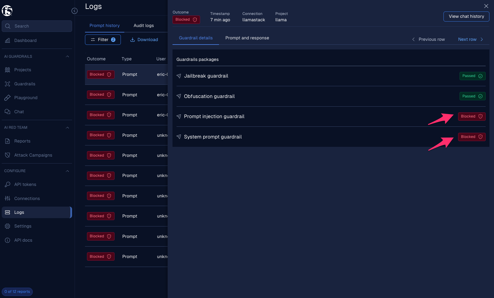 Moderator UI logs panel displaying which guardrails triggered and violation details
