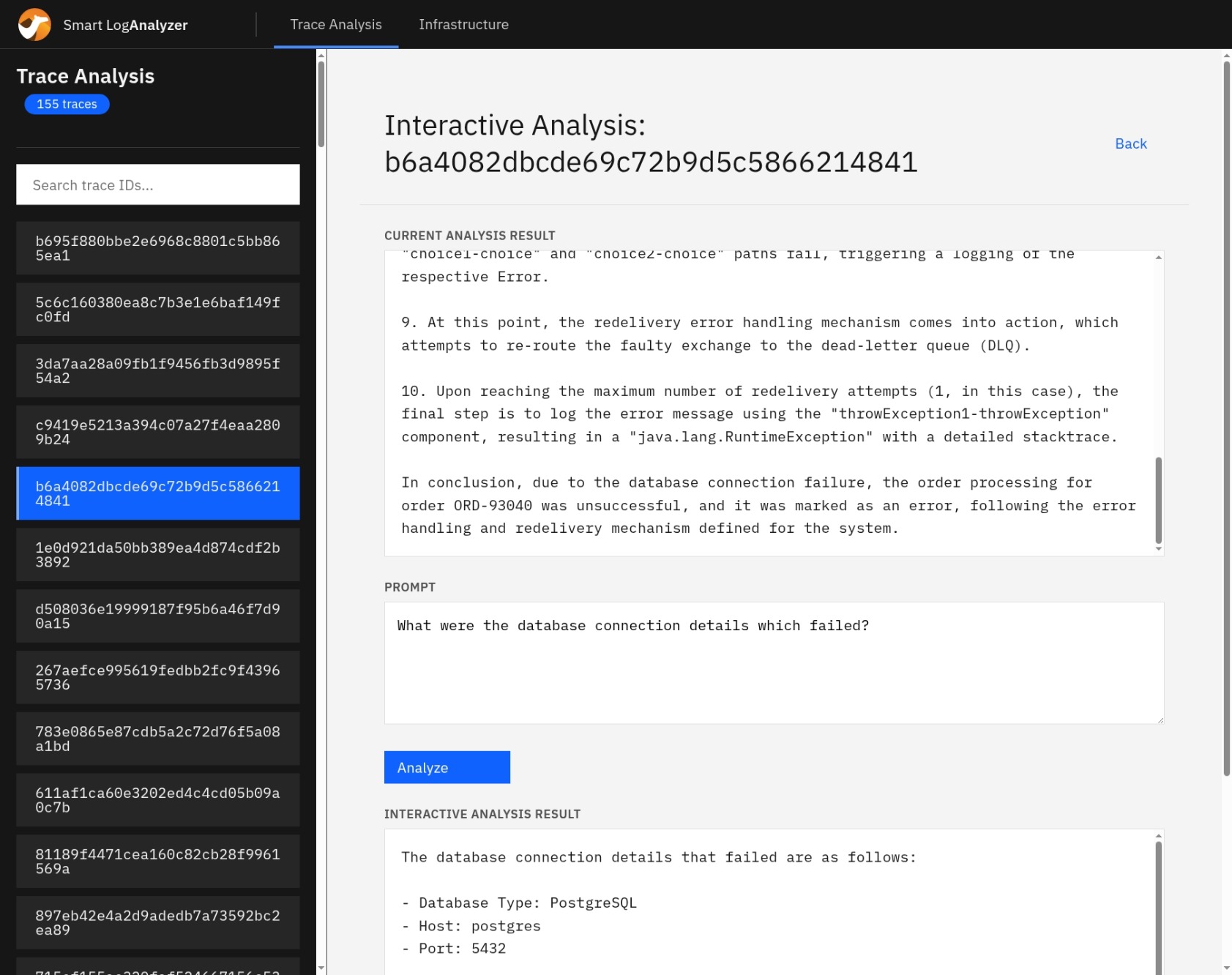 Trace analysis detail view with interactive prompting on correlated traces and logs