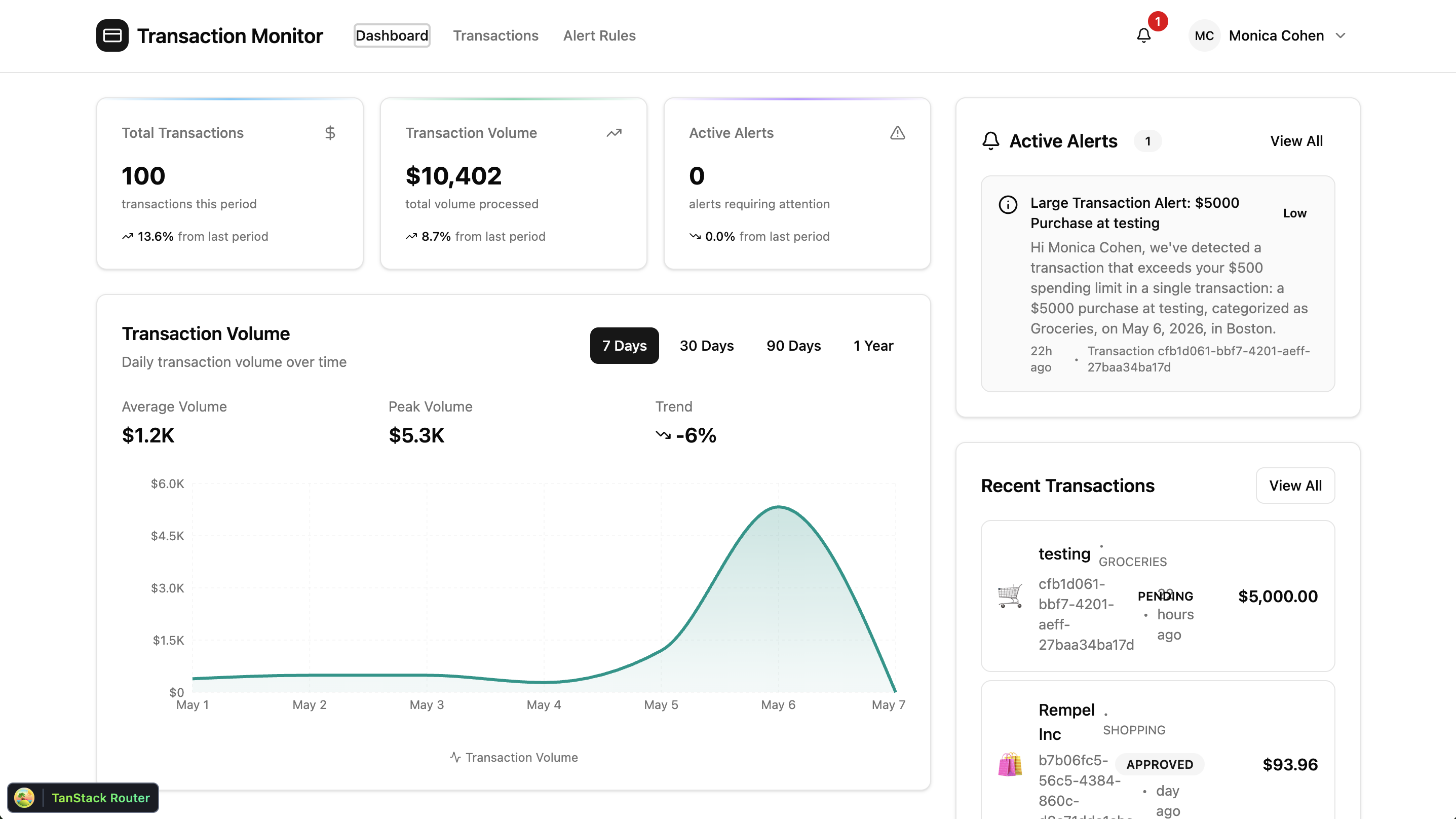 Screenshot of the Spending Transaction Monitor Dashboard
