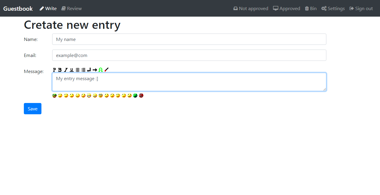 Entry site image with input data