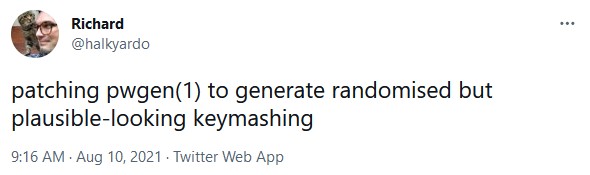 Tweet by @halkyardo: "patching pwgen(1) to generate randomised but plausible-looking keymashing"