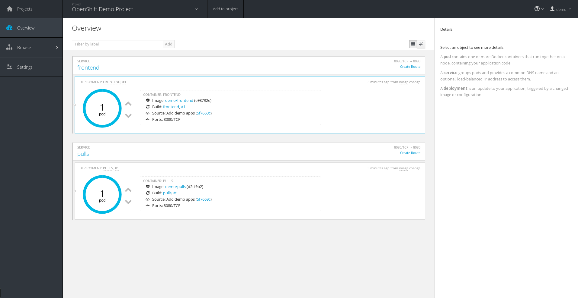 OpenShift Web Console - overview of two apps