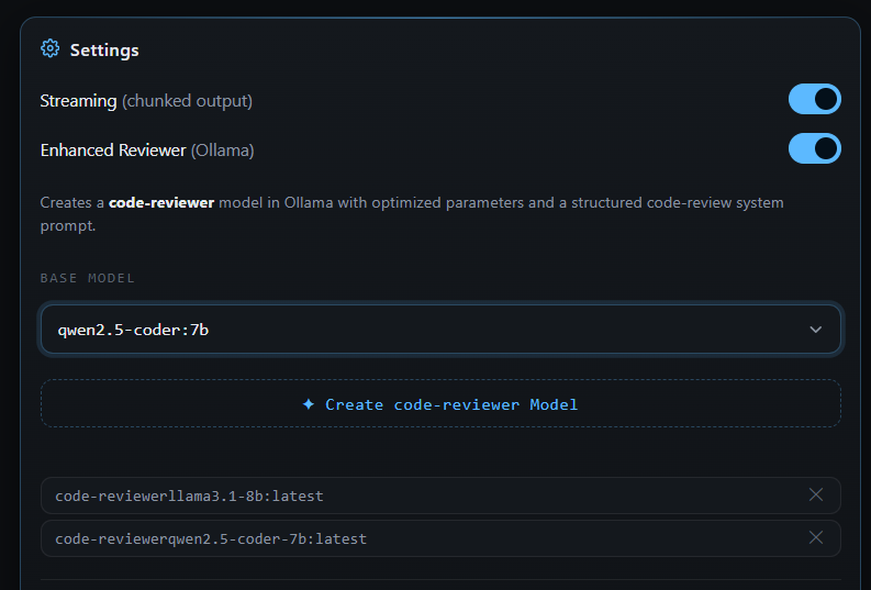 Settings panel showing Enhanced Reviewer section with model creation