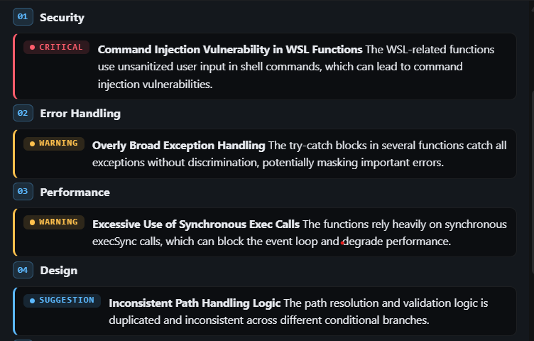 Structured findings with Critical, Warning, and Suggestion severity chips