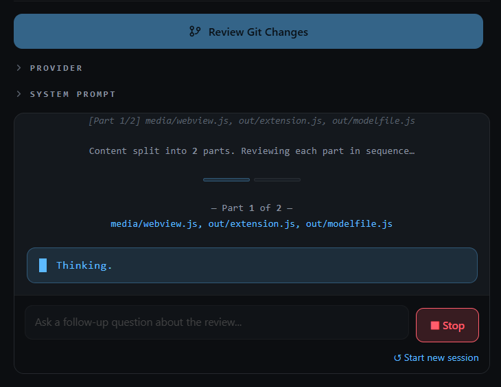 Git diff review with multi-part streaming progress indicator