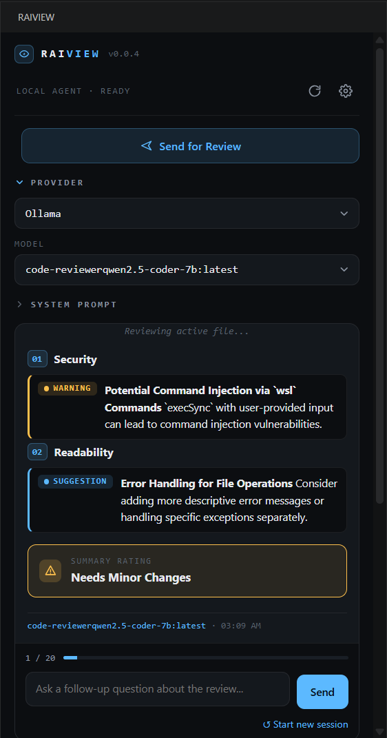 Raiview panel showing a completed code review with structured findings