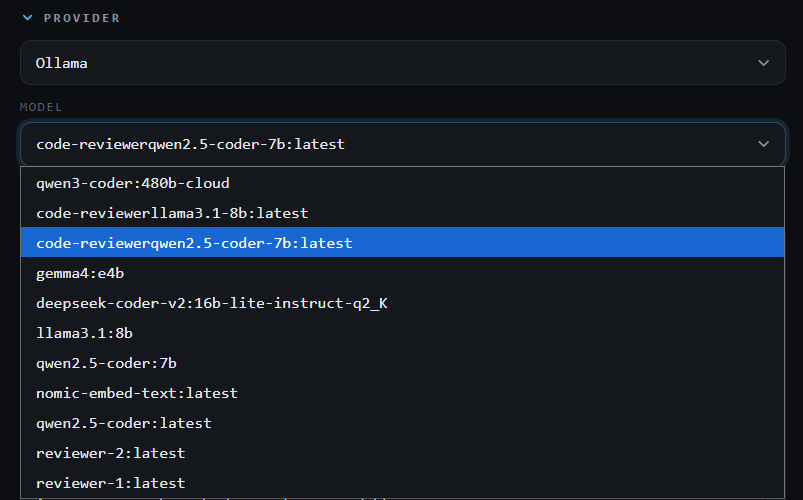 Provider and model dropdowns in the Raiview panel