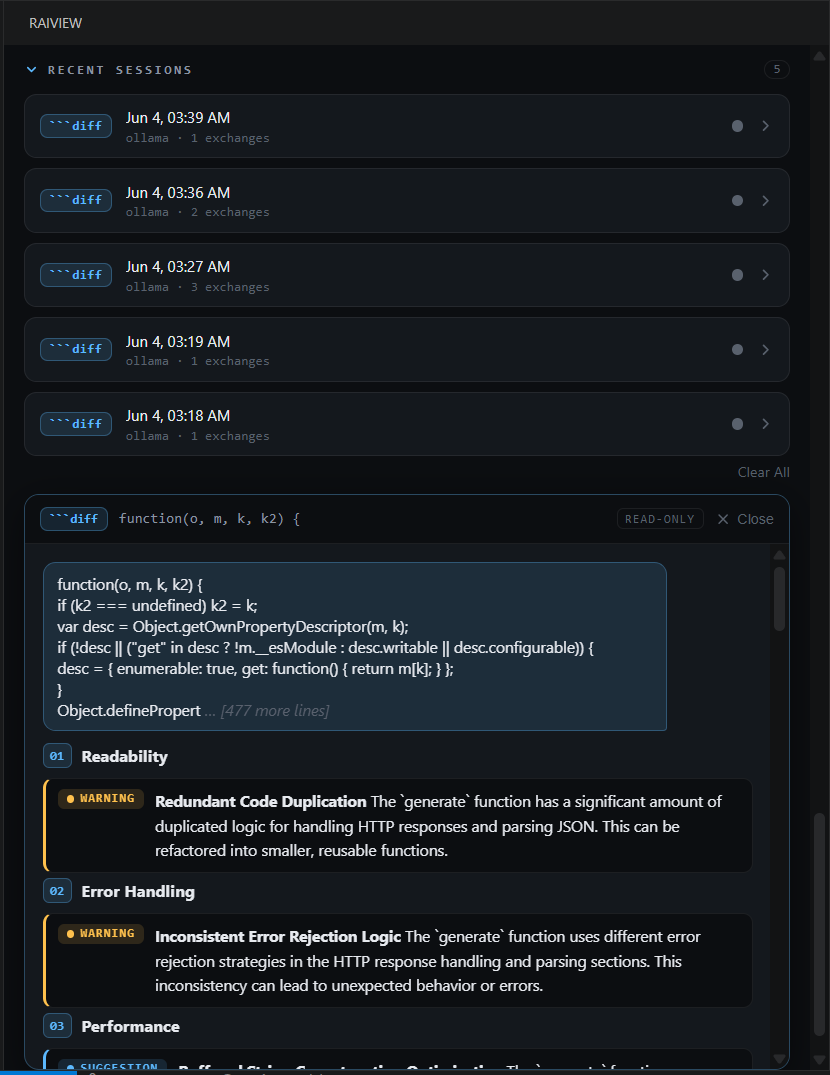 Session history list with read-only transcript viewer open