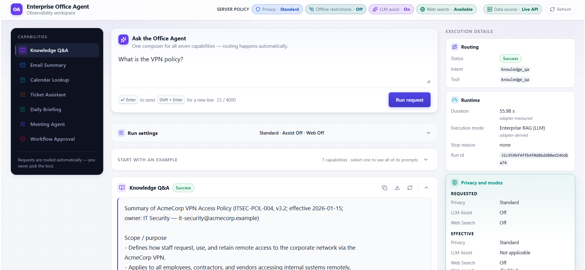 Knowledge Q&A request, routing, and response