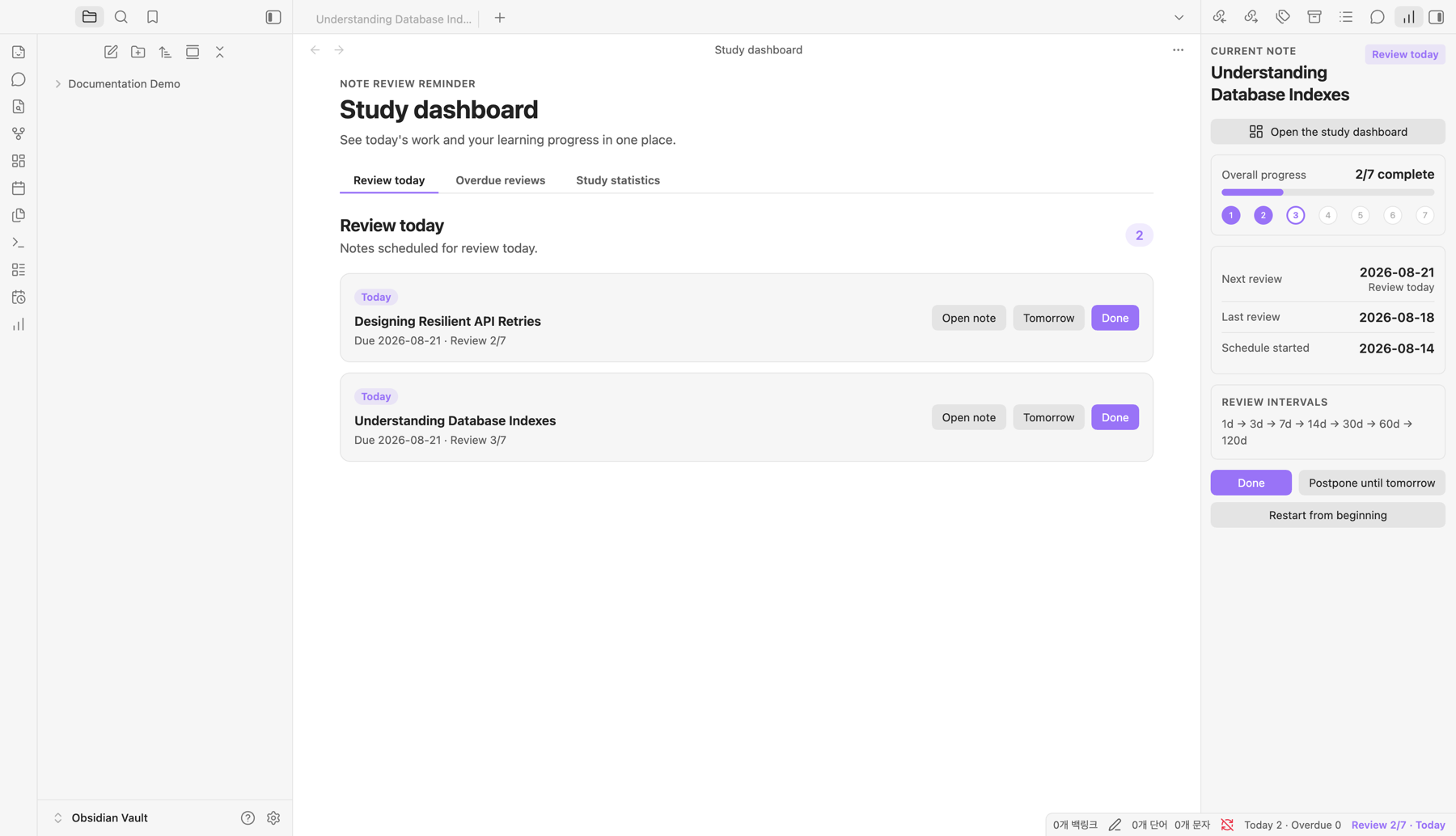 Review Today dashboard with English note titles