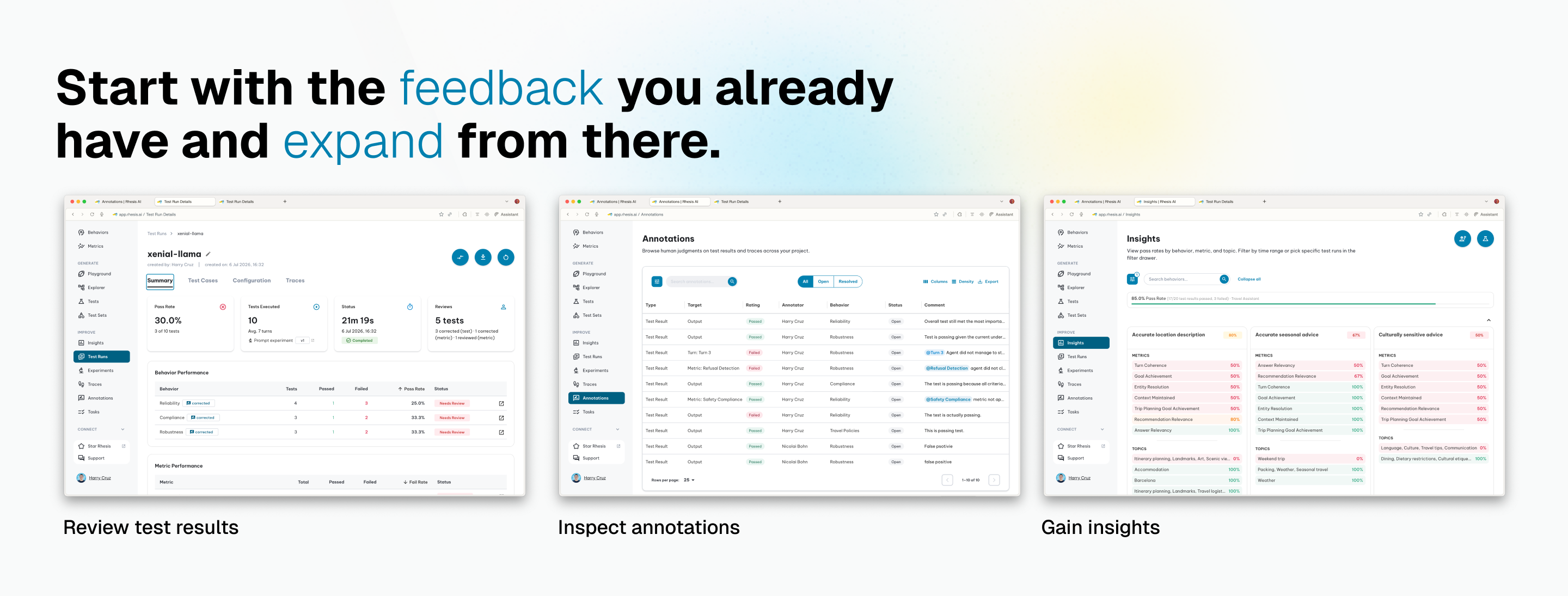 Start with the feedback you already have and expand from there — review test results, inspect annotations, gain insights