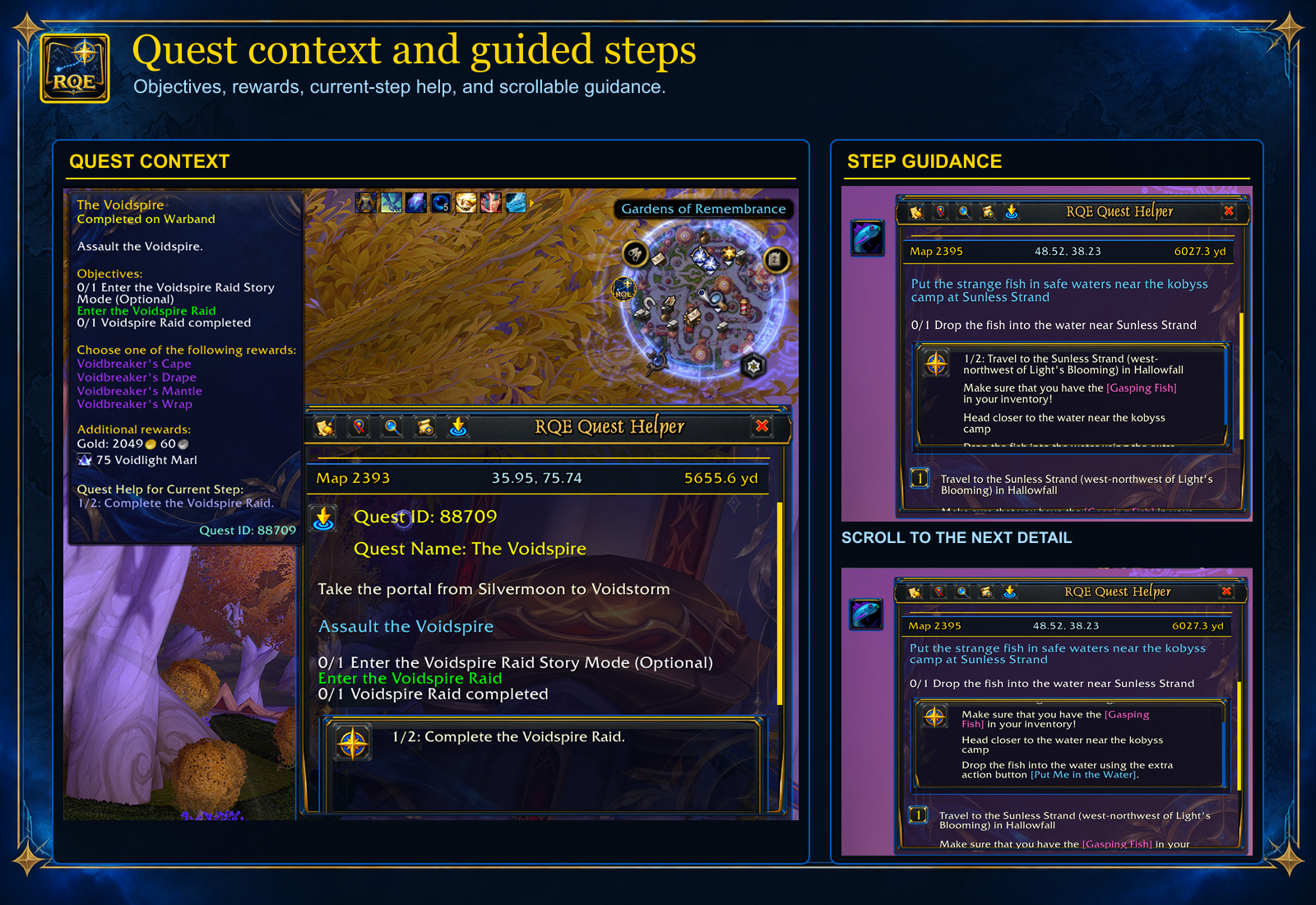 RQE quest tooltip, Quest Helper, and scrollable step guidance