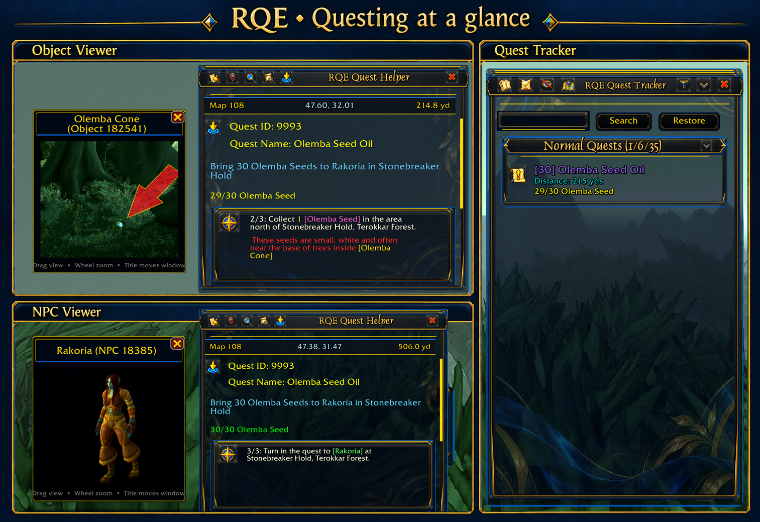 RQE Quest Helper, NPC and object previews, and Quest Tracker